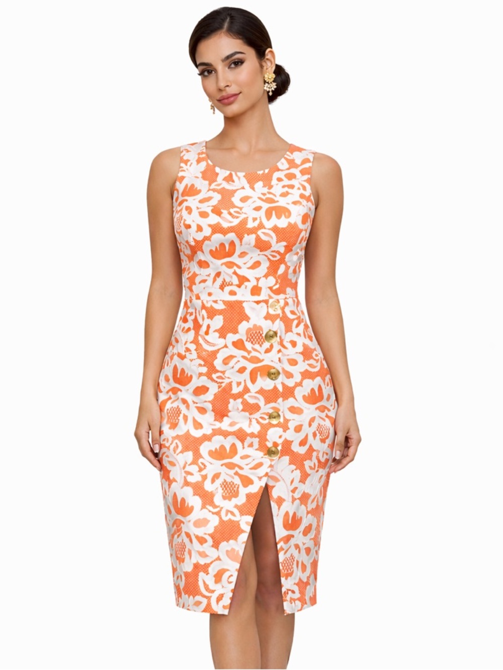 Kate & Lily Petite Floral Sheath Dress 4P Orange White Textured Spring Midi